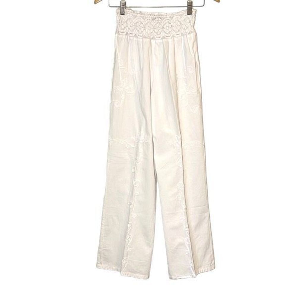 Giocam Womens Wide Leg Pants Elastic Lace Waist‎ Embroidered Pocket White Large